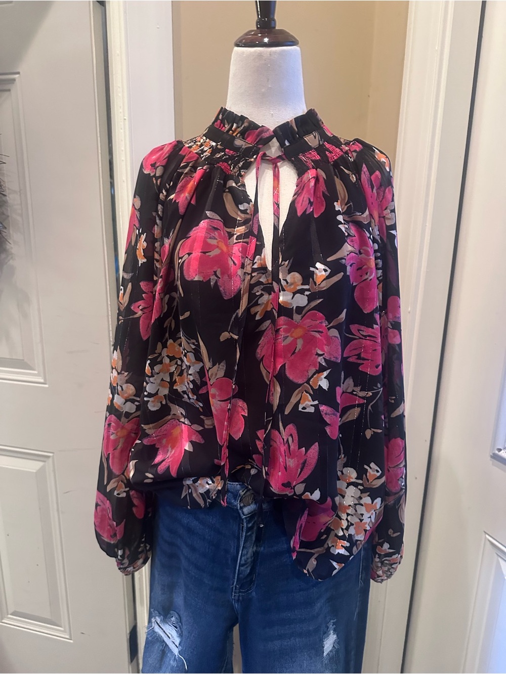 Petite Sophisticate Black Blouse with Pink Floral Print